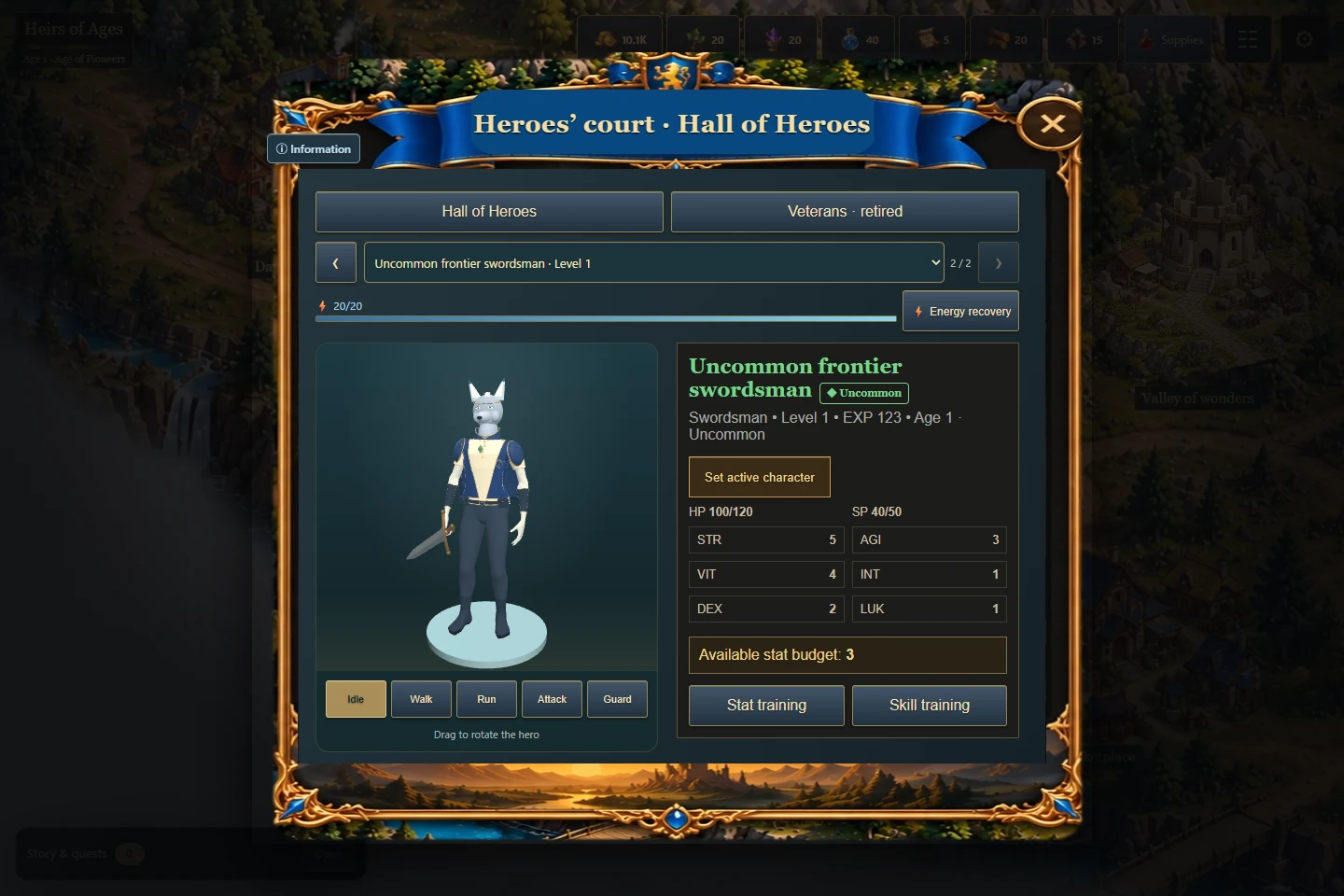 English Hall of Heroes interface showing the silver fox swordsman and animation controls