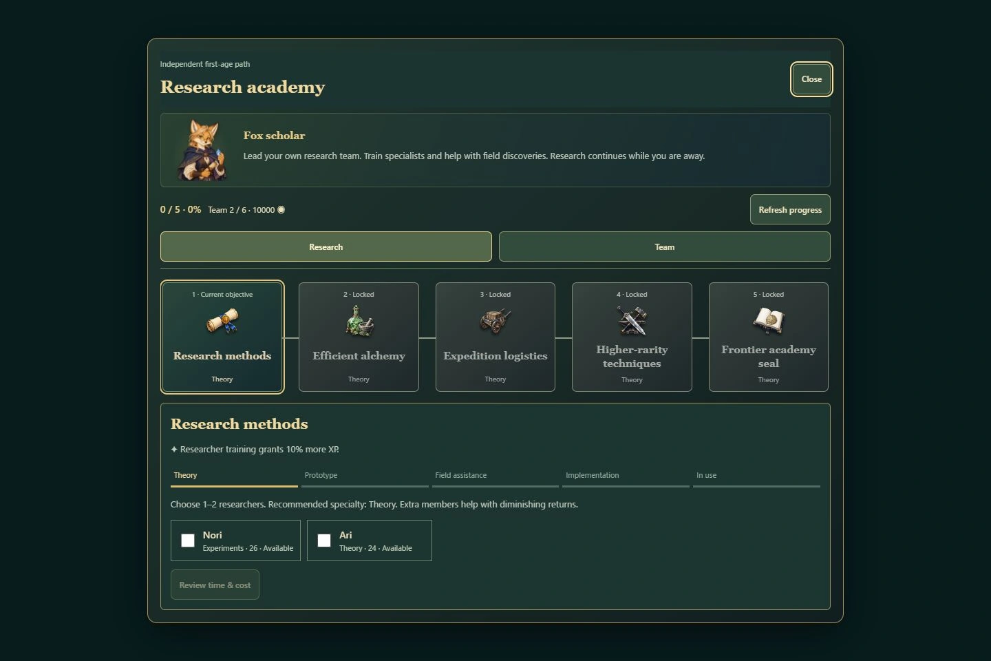 Research academy in the current English development build